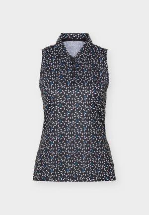 Μαύρο αμάνικο πόλο μπλουζάκι με λευκά και μπλε μοτίβα που μοιάζουν με φύλλα και τρία μαύρα κουμπιά στην εμπρόσθια λωρίδα.