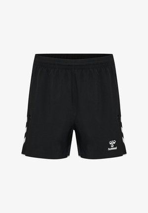 Shorts de sport noirs avec des rayures en chevron blanches sur les côtés et un petit logo blanc Hummel sur la jambe inférieure droite.