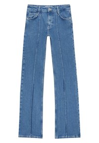 Jean en denim bleu clair avec une coupe droite, cinq poches et des détails de couture visibles le long des coutures.