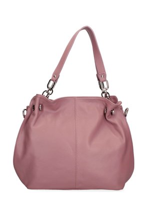Borsa a mano in pelle rosa con una forma morbida e arrotondata. Presenta una tracolla rimovibile, accessori in metallo argentato e dettagli arricciati nella parte superiore.