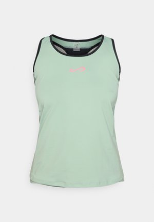 Top de alças verde menta com acabamento preto, apresentando um logotipo rosa no centro. Feito de um tecido suave e leve. Ajuste regulável.