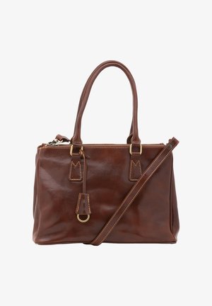 Sac à main en cuir marron avec deux poignées, une bandoulière amovible, fermeture éclaire et quincaillerie dorée. Texture lisse et design minimal.