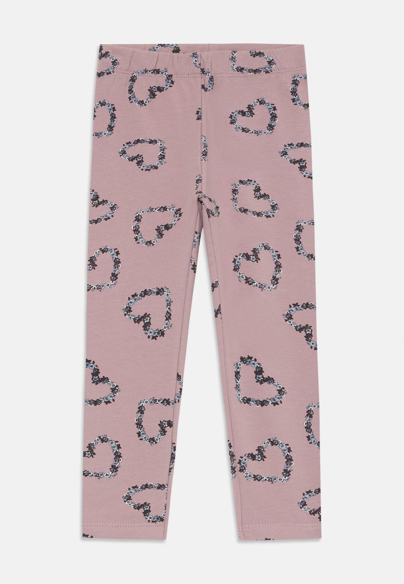 Leggings infantis cor-de-rosa com padrões de corações florais em preto e branco espalhados pelo tecido.