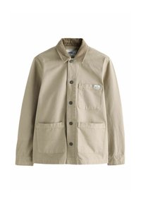 Beige cotton jacket with a corduroy collar, front button closure, and two large patch pockets. Features a small label on the left pocket.