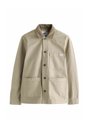 Beige cotton jacket with a corduroy collar, front button closure, and two large patch pockets. Features a small label on the left pocket.