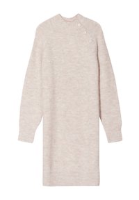 Vestido de punto beige con un escote alto, mangas largas y tres botones decorativos en el hombro. Tela suave y texturizada.