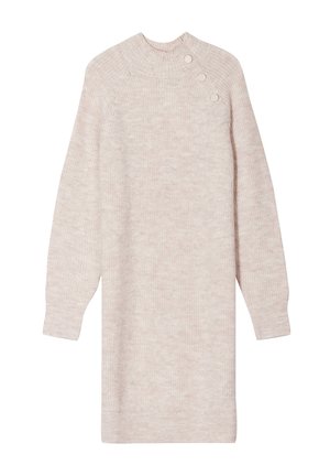 Robe pull beige tricotée avec un col montant, des manches longues et trois boutons décoratifs à l'épaule. Tissu texturé doux.