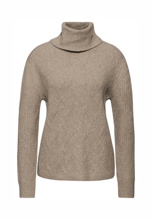 Maglione a collo alto beige realizzato in tessuto a maglia testurizzata con un motivo a rombi, caratterizzato da un colletto alto e maniche lunghe.