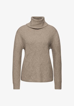 Maglione a collo alto beige realizzato in tessuto a maglia testurizzata con un motivo a rombi, caratterizzato da un colletto alto e maniche lunghe.