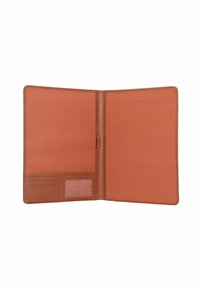 Bruine leren portfolio met een gestructureerde afwerking, voorzien van meerdere kaarthouders, een doorzichtige ID-pocket en een gladde voering. Geopende weergave.