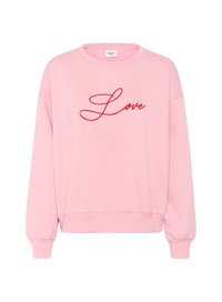 Růžová mikina s kulatým výstřihem a dlouhými rukávy, se červeným vyšitým textem "Love" na přední straně.