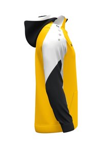 Gelbe Kapuzenjacke mit schwarz-weißen Akzenten, ausgestattet mit einem Reißverschluss, seitlichen Taschen und einer Kapuze. Glatte Textur mit kontrastierendem Panel-Design.