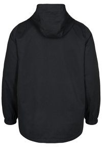 Veste noire à capuche avec poignets élastiques, vue de dos, montrant un tissu lisse et un design simple, sans ornements.