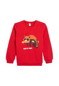 Sudadera de algodón roja con un gráfico de un mapache de dibujos animados y el texto "BUENO EN LAS SIestas". Puños y dobladillo acanalados, con un diseño de cuello redondo.