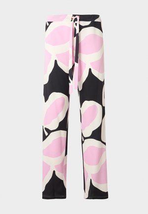 Pantalon fluide à motifs en rose, noir et crème. Fabriqué en tissu léger avec une taille à cordon. Caractérisé par de grandes formes abstraites.