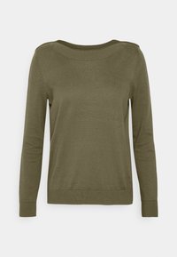 Maglione lungo olive green a maniche lunghe realizzato in morbido tessuto a maglia. Presenta un collo rotondo e polsini e orlo a costine. Design semplice e minimal.