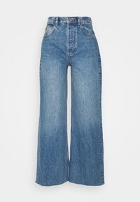 Light blue high-waisted wide-leg jeans made from denim, featuring a faded wash, front pockets, and a clean, straight hem.