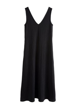 Robe midi noire sans manches avec col en V et tissu texturé, silhouette trapèze et design épuré.
