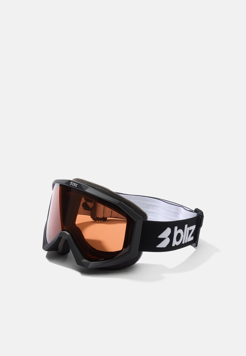 Lunettes de ski avec une monture noire, des verres orange miroir, des bords rembourrés et une sangle élastique noire et blanche portant le logo de la marque.