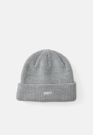 Gray knit beanie with a folded cuff. Features ribbed texture and a small white "OBEY" logo stitched on the front.