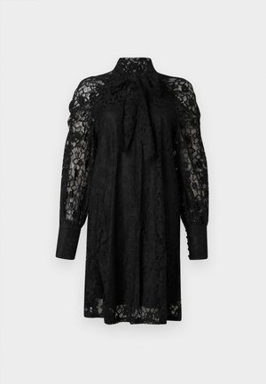 Schwarzes Spitzenkleid mit hohem Kragen, Schleifendetail, puffärmel und ausgestellter Form. Verfügt über aufwendige Blumenmuster und elastische Bündchen.