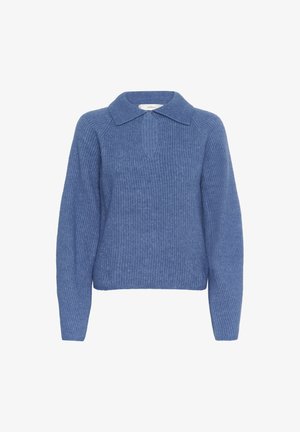 Plavi pleteni džemper dugih rukava sa širokim ovratnikom i malim otvorom u obliku ključa ispod dekoltea.