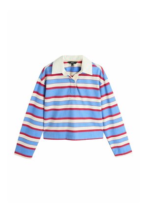 Pikad varrukadega polo särk siniste, valgete ja punaste horisontaalsete triipudega ning valge kraega, lamades valgel taustal.