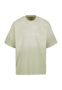 Kortærmet t-shirt med rund hals i lysegrøn bomuld med et gradientdesign. Har tonale broderede tekst på fronten.