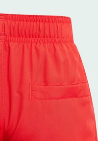 Pantalones cortos rojos de tejido suave, con una cinturilla elástica y un bolsillo trasero. El material tiene un ligero brillo y detalles de costura mínimos.
