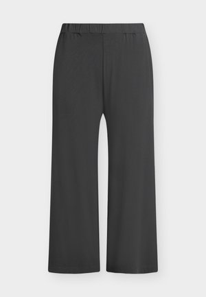 Pantaloni neri a gamba larga con fascia elastica in vita, realizzati in tessuto morbido. Tessitura liscia senza motivi o dettagli, adatti per un abbigliamento casual.