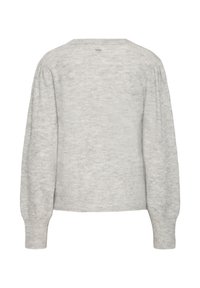 Világosszürke kötött pulóver hosszú puffos ujjal és bordás mandzsettával, hátulról látható.