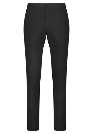 Pantalones de vestir negros hechos de una tela suave, con un corte ajustado, presillas para cinturón y un cierre de un solo botón. Diseño de pierna recta sin bolsillos.