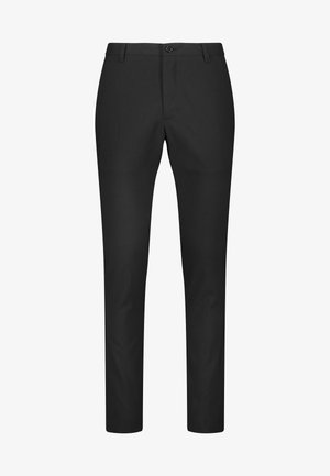 Pantalons noirs en tissu lisse, présentant une coupe slim, des passants de ceinture et une fermeture à un bouton. Design à jambe droite sans poches.