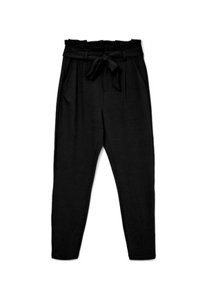 Black high-waisted pants with a tie belt, featuring a soft, smooth texture and two side pockets; tapered leg design.