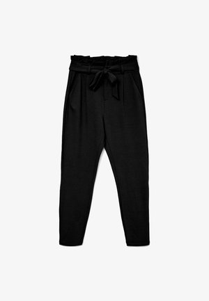 Black high-waisted pants with a tie belt, featuring a soft, smooth texture and two side pockets; tapered leg design.