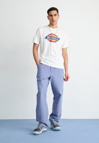 Valkoinen t-paita, jossa on sininen ja punainen "Dickies" -logo, yhdistettynä vaaleanpunaiseen housupariin ja harmaisiin lenkkareihin, joissa on läpinäkyvät pohjat. Yksinkertainen tausta.