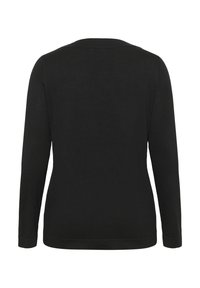 Haut noir à manches longues avec un col rond, en tissu doux et avec une texture unie. Présente une silhouette légèrement cintrée et des coutures discrètes.