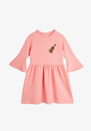 Pink dress with a textured pattern, flared sleeves, and a violin embroidery on the chest. A-line silhouette with gathered skirt.
