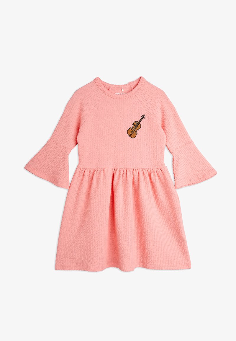 Pink dress with a textured pattern, flared sleeves, and a violin embroidery on the chest. A-line silhouette with gathered skirt.