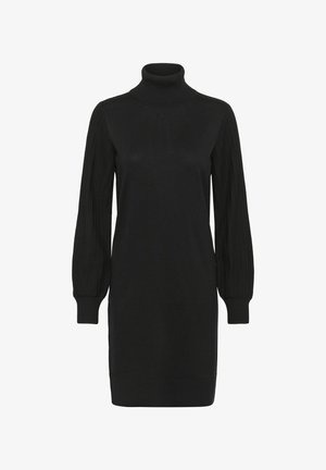 Melnā adīta kleita ar augstu apkakli, ribotiem garajiem piedurknēm un taisnu siluetu, ar mīkstu tekstūru viscaur.