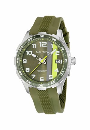 Férfi zöld Nautica karóra ezüst kerettel, számjegyes mutatókkal, 3-as pozíción dátumablakkal és texturált gumiszíjjal. 100 méterig vízálló.