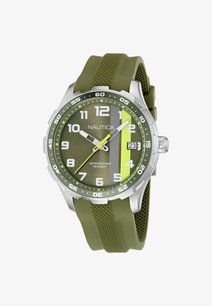 Meeste roheline Nautica käekell hõbedase raamiga, numbriliste markeritega, kuupäevakuvaga kell 3 kohal ja tekstureeritud kummirihmaga. Veekindel kuni 100 m sügavuseni.