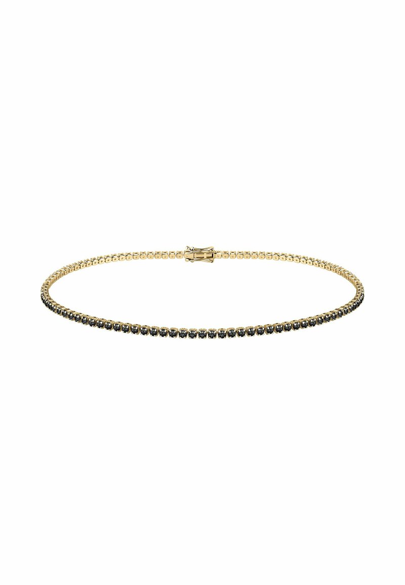 Goldenes Tennisarmband mit einer Reihe von schwarzen Diamanten und einem sicheren Verschluss, auf einem weißen Hintergrund präsentiert.