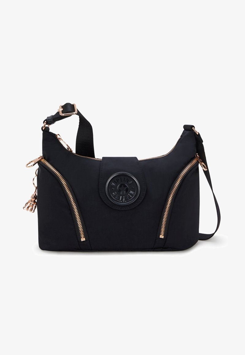 Svart nylon axelväska med roséguld dragkedjor, cirkulär logotyp-patch och sidofickor med dragkedjor. Har en avtagbar rem och texturerad yta.
