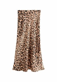 Maksikula u leopard uzorku u bež i crnoj boji, izrađena od glatkog materijala s tekućim dizajnom i blago raznolikim rubom.
