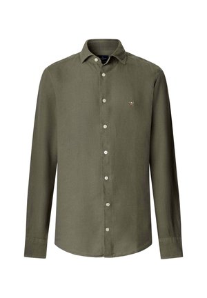 Olijfgroene lange mouwen overhemd met knopen, kraag en een klein geborduurd logo van gekruiste peddels op de linkerborst.