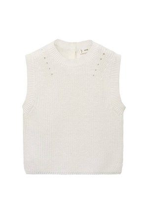 Hvid strikket ærmeløs sweatervest med ribstrikket krave og små dekorative huller nær skuldrene.