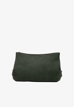 Mørkegrøn rektangulær clutch med diskret logo prægning og lynlås øverst på ensfarvet baggrund.