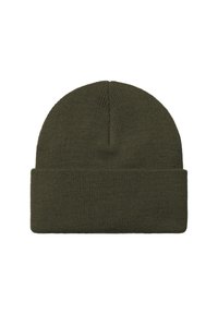 Gorro de punto color verde oliva con vuelta. Fabricado en un material suave y elástico con una textura acanalada en toda su superficie.