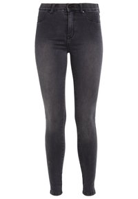 Černé skinny džíny vyrobené z denimu s popraskaným vzhledem. Mají vysoký pas, poutka na opasek a klasický design s pěti kapsami.